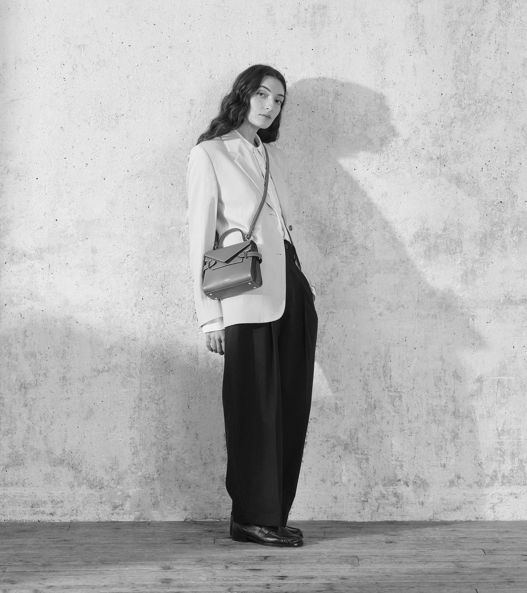 Emilie small grained leather double flap handbag